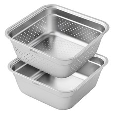Sisem 不鏽鋼方形攪拌盆 + 瀝水籃套組, 1組, 方碗31cm+托盤31cm