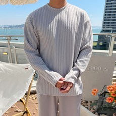 머시따 남성용 오버핏 플리츠 패턴 골지 라운드 니트 긴팔 티셔츠