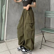 Goodif 女性寬鬆版抽繩鬆緊帶口袋束口褲