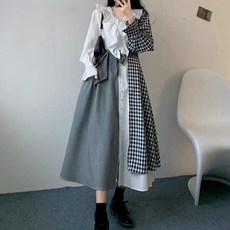 PAPERMENTS 大尺碼拼接格紋荷葉邊連身裙, 黑色的