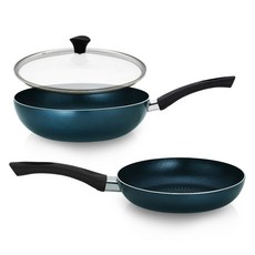 利本斯 基本智慧平底鍋組 3件, 藍色, 1組, 28公分平底鍋, 28公分炒鍋, 28公分玻璃鍋蓋