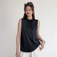 더시럽 여성용 하이넥 레이스 새틴 민소매 티