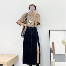 안다로미 여성 통기성 사이드 에이 슬릿 데님 롱 스커트