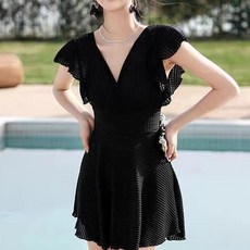 엘쏘 女款修飾身形大尺碼連身泳衣, 黑色