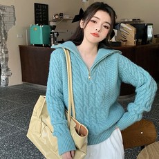 피어니스트 여성용 터틀넥 반집업 케이블 꽈배기 니트