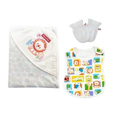 fisher-price 費雪 孩童圓點印花包巾+印花棉質圍兜+防抓手套, 白色(手套), 1組
