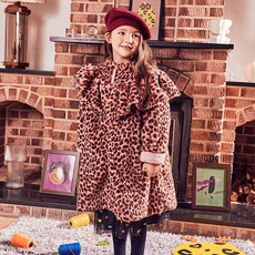 Matilda & Y 女童豹紋荷葉邊抓絨長款大衣