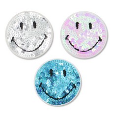 亮片笑臉布章3件組, 銀色, 淺粉色, 藍色, 1套