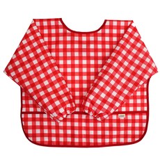 Derhappy 兒童美術罩衫 防水長袖圍裙 格紋, 紅色