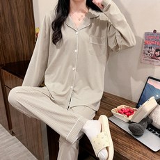 안나앤코 여성용 핀체크 긴팔 잠옷 파자마 상하의 세트