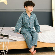 JJiniya 男童貓咪印花棉質長袖睡衣+睡褲套裝