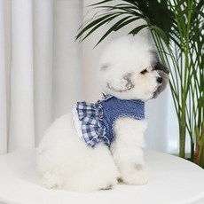 Red Puppy 母犬用格紋荷葉邊牛仔胸背帶, 藍色, 1個