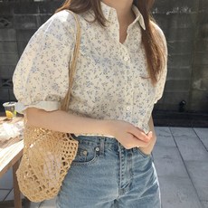 Elsso 女款密密麻麻花朵蓬鬆泡泡短袖襯衫