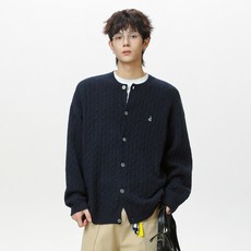 Seonbit 男款 Vernell 日常素色圓領寬鬆麻花針織開襟衫