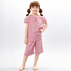 童裝系列 女童學生透氣莫代爾格紋蓋袖睡衣上下套裝
