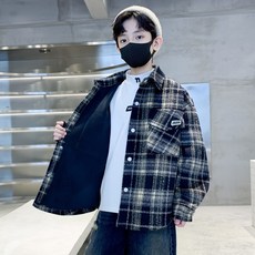 男童格紋加厚按扣寬鬆秋冬翻領襯衫