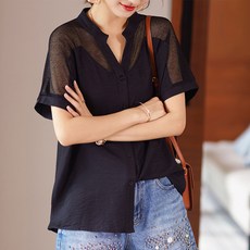 ATTERLIC 大尺碼肩部透視網紗短袖襯衫罩衫 00132