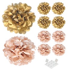 PARTYSHOW 派對花球 2種 x 5入 + 固定座套組, 金色, 玫瑰金(花球)