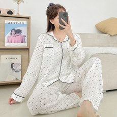 코코드림 여성용 도트란 고급 뽀송 요루면 셔츠형 잠옷 상하의 세트 HL202410