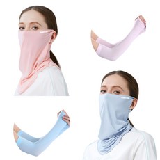 掛耳式涼感護頸面罩 2入+涼感袖套 2入, 粉色, 藍色