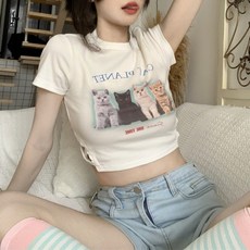 Goodif 女款貓咪印花短版T恤