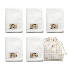 SEMOMS 老虎刺繡精梳棉毛巾 5入+收納袋組, 乳白色, 1組
