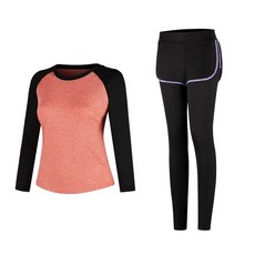 女款時尚運動長袖T恤 橘黑色+瑜珈短褲內搭褲組