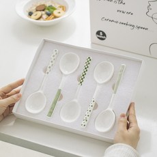 Parajuni 綠色圖案陶瓷盤甜點湯匙5件組 HJ1189, 白色, 1套