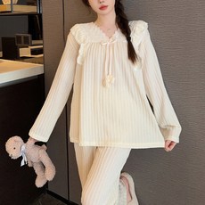 안나앤코 여성용 브이넥 버블 프릴 긴팔 파자마 상하의 세트