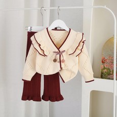 女童款立體球球荷葉邊開襟針織衫+針織長褲套裝