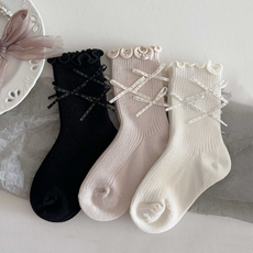 Bidangil 兒童用 Ribonet 荷葉邊蝴蝶結襪 3雙