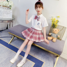 Orenjidamom 女童皇冠學院風襯衫格紋領帶裙子套裝
