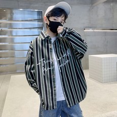 ORANGEDAMOM 男童字母印花黑綠條紋襯衫