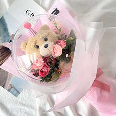 모리앤 조화 캐릭터 레터링 풍선 인형 꽃다발 + 메시지 쇼핑백, 08 테드곰 핑크고깔모자, 1개
