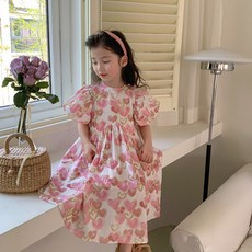 JOYMULTI 水彩愛心泡泡袖短袖連身裙