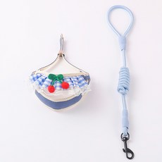 PASTEL PET 寵物格紋花朵荷葉邊背心+牽繩組, 藍色