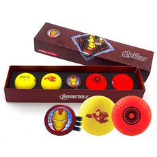 Volvik VIVID SOFT 漫威 4 鋼鐵人高爾夫球 3層 2款 x 2p + 球標組合, 黃色, 紅色, 1套