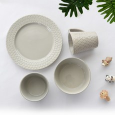 PRELUDE 素色幾何花紋碗盤餐具組 4入, 灰色, 飯碗+湯碗+馬克杯+盤子