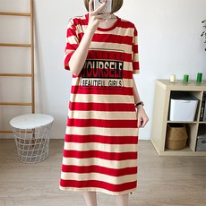 條紋孕婦短袖哺乳連身裙