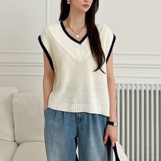 針織女款寬鬆版型側開衩不對稱撞色深V領Perwe背心
