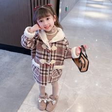 Orange Damom 女童口袋袖口毛格紋牛角扣大衣外套