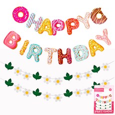 PARTYSHOW 派對裝飾拉旗 甜甜圈生日派對 + 雛菊花朵葉子 2p 套組, 1套, 混合顏色