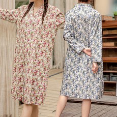 테라우드 여성용 통기성 로브 코튼 플라워 원피스 잠옷 2종 세트