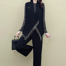 Paperments 女性大尺碼流蘇亮點背心針織長褲三件式套裝 13640