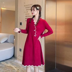 孕婦V領針織長袖連身裙