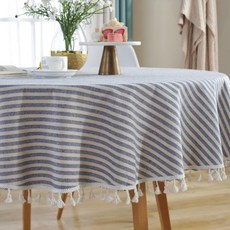 파라주니 코튼 태슬 식탁보 스트라이프 원형 테이블 매트 HJ1416, 블루, 1개, 120cm