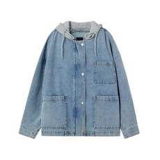랩 여성용 후드 배색 워싱 포켓 데님 면 자켓 AS1DZ260