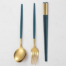 柔和金色不鏽鋼便攜餐具+收納盒組, 藍色, 湯匙+筷子+叉子+收納盒, 1套