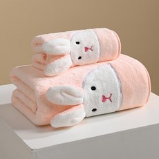Sonio 可愛兔子柔軟浴巾 35 x 75 cm + 70 x 140 cm 套組, 01 粉紅色, 1套