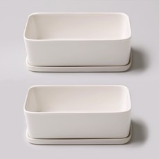 morningscent 多肉植物陶瓷長方形花盆 + 底盤套組, 白色, 2個